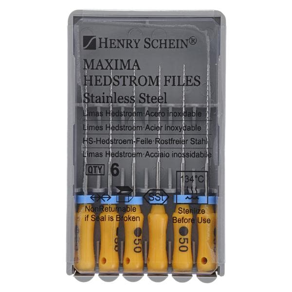 Maxima Hand Hedstrom Files 25 mm Size 50 Stainless Steel Yellow 6/Bx