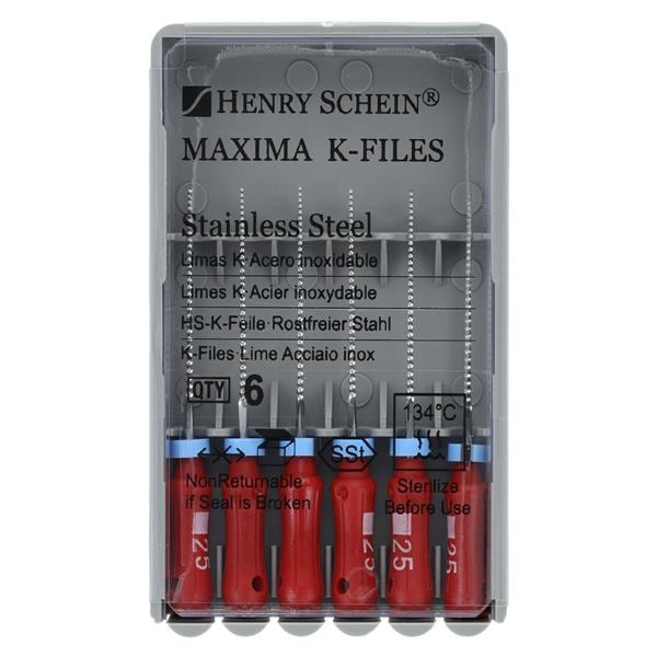 Maxima Hand K-File 21 mm Size 25 Stainless Steel Red 6/Bx