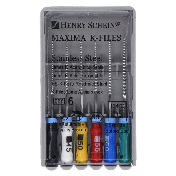 Maxima Hand K-File 25 mm Size 40-70 Stainless Steel Assorted 6/Bx