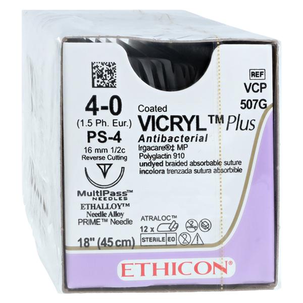 Coated Vicryl Plus Suture 4-0 18" Triclosan/Polyglactin 910 Brd PS-4 Undyd 12/Bx