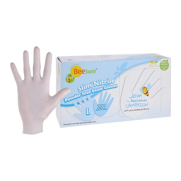 BeeSure Slim Nitrile Exam Gloves Large White Non-Sterile, 10 BX/CA