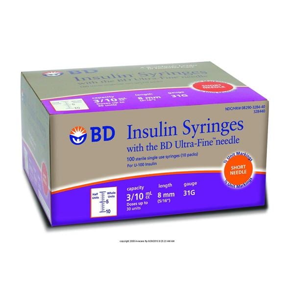 Ultra-Fine Insulin Syringe/Needle 31gx6mm 0.3cc Conventional LDS 500/Ca