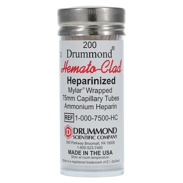 HEMATO-CLAD Mylar Heparinized Tube Heparin Mylar Wrapped Glass 200/Pk