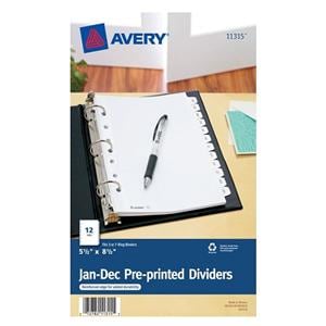 Preprinted Tab Dividers 5.5 in x 8.5 in Jan-Dec White 12/Pk