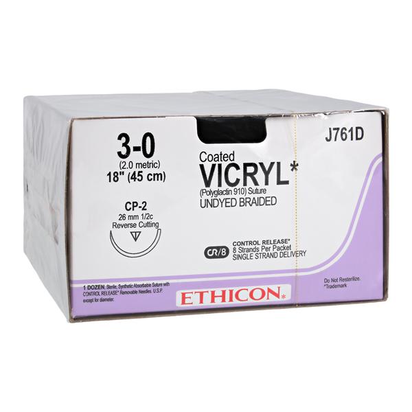 Coated Vicryl Suture 3-0 18" Polyglactin 910 Braid CP-2 Undyed 12/Bx