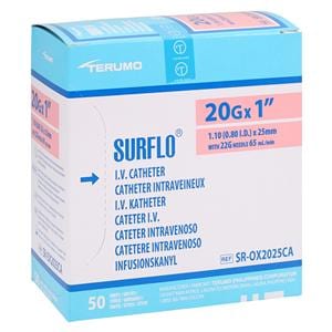 Surflo IV Catheter 20 Gauge 1" Pink 50/Bx, 4 BX/CA