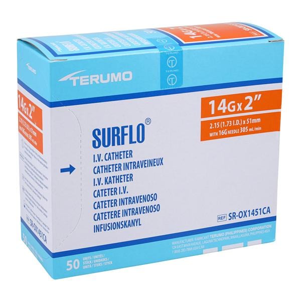 Surflo IV Catheter 14 Gauge 2" Orange 50/Bx