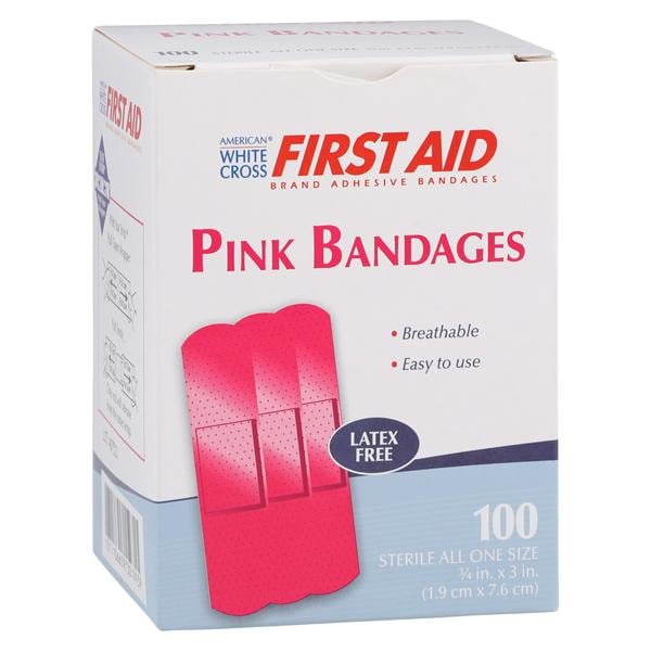 American White Cross Adhesive Bandage Plastic 3/4x3" Pink Sterile 100/Bx, 12 BX/CA