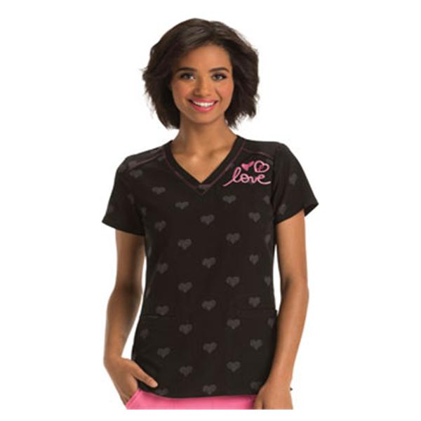 HeartSoul Scrub Top Poly/Spndx V-Neck 2 Pockets 3X Large Blk/HtPnk Womens Ea