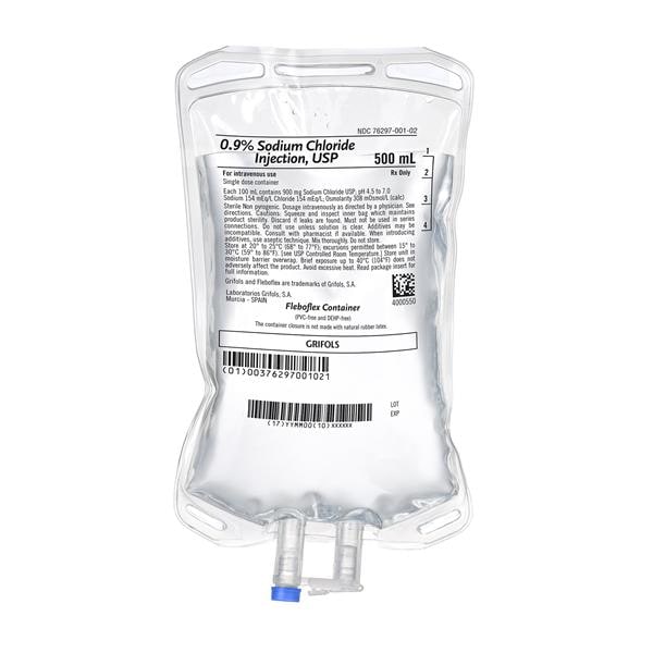 Grifols,S.A IV Injection Solution Sodium Chloride 0.9% 500mL Bag 20/Ca
