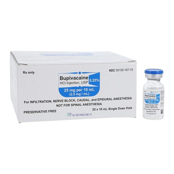 Bupivacaine HCl Injection 0.25% Preservative Free SDV 10mL 25/Package