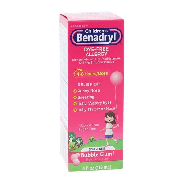 Benadryl Children Allergy Liquid Dye Free 12.5mg/5mL Bubble Gum Box 4oz/Bt, 36 BT/CA