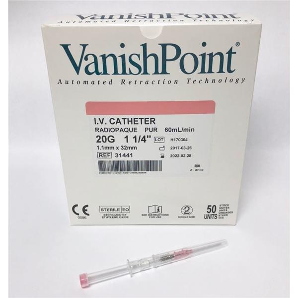 VanishPoint Peripheral IV Catheter Safety 20 Gauge Pink 200/Ca