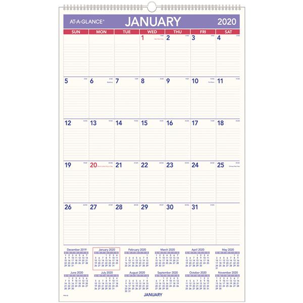 Calendar At-A-Glance Monthly Wall 30 in x 20 in January-December 2020 Ea