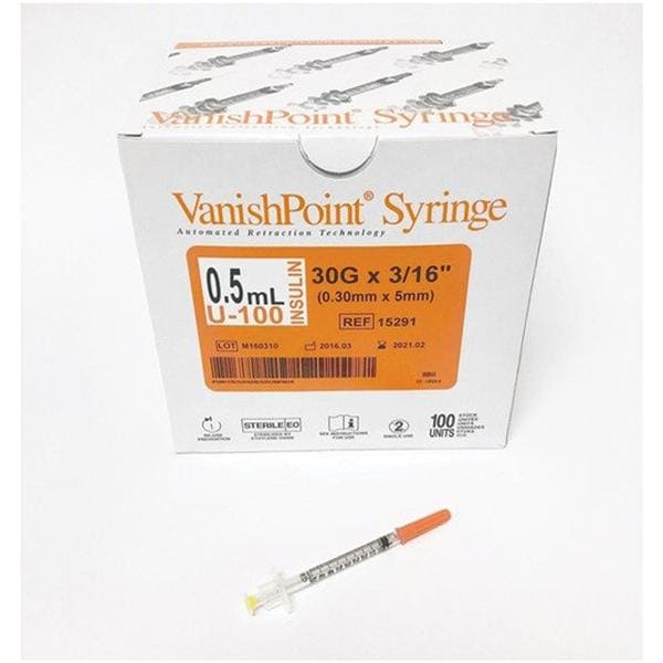 Hypodermic Syringe/Needle 30gx5/16" 0.5mL Safety Device No Dead Space 100/Bx, 8 BX/CA