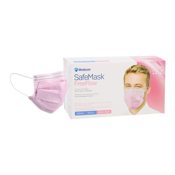 SafeMask FreeFlow Procedure Mask ASTM Level 2 Fog-Free Strip Pink Adult 50/Bx