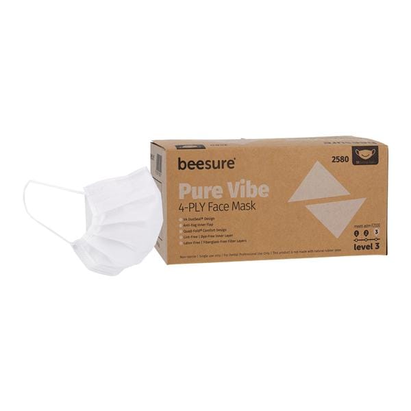 BeeSure Vibe Earloop Mask ASTM Level 3 Anti-Fog White 50/Bx, 8 BX/CA