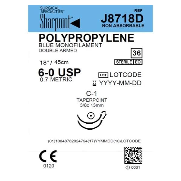 Sharpoint Plus Suture 6-0 18" Polypropylene Monofilament C-1 Blue 36/Bx