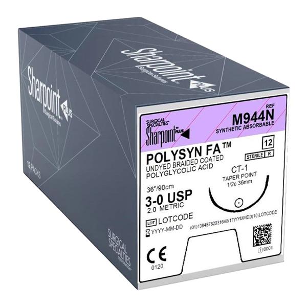 Polysyn FA Suture 3-0 1x36" Polyglycolic Acid Braid CT-1 Undyed 12/Bx