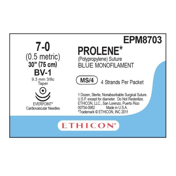 Prolene Suture 7-0 30" Polypropylene Monofilament BV-1 Blue 12/Bx