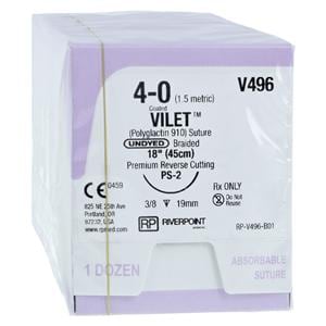 Vilet Suture 4-0 18" Polyglactin 910 Multifilament PS-2 Undyed 12/Bx