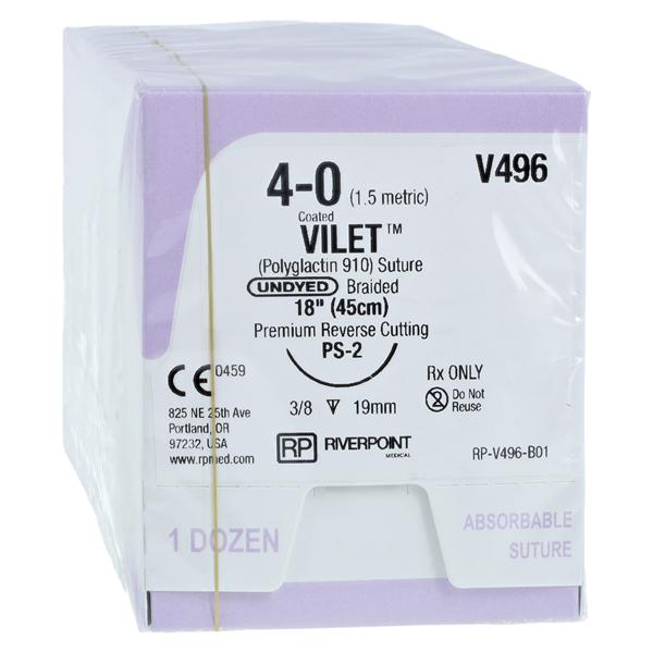 Vilet Suture 4-0 18" Polyglactin 910 Multifilament PS-2 Undyed 12/Bx