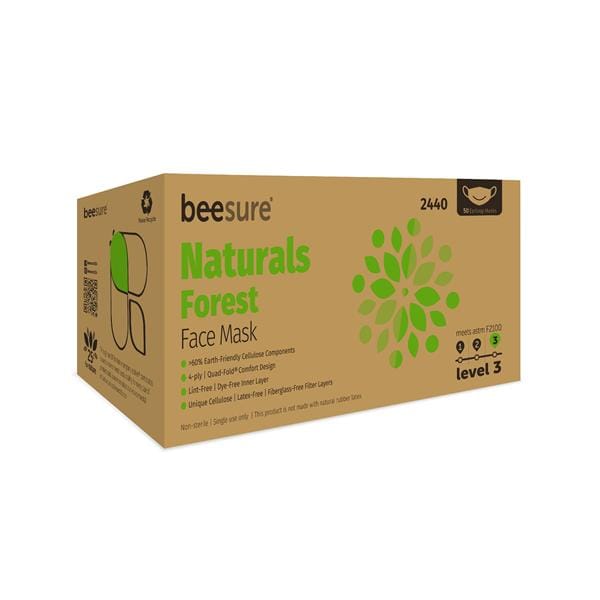 BeeSure Naturals Face Mask ASTM Level 3 Green / White Adult 50/Bx, 8 BX/CA