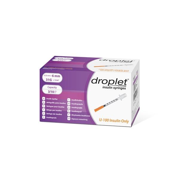 Droplet Insulin Syringe 31gx6mm 0.3mL Protective Cap Low Dead Space 500/Ca