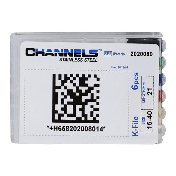 Channels Hand K-File 21 mm Size 15-40 Stainless Steel Assorted 6/Pk