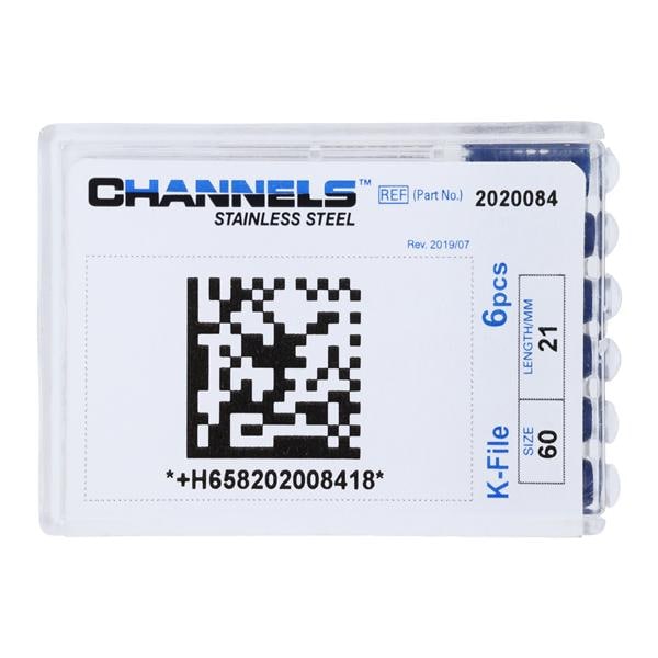 Channels Hand K-File 21 mm Size 60 Stainless Steel Blue 6/Pk