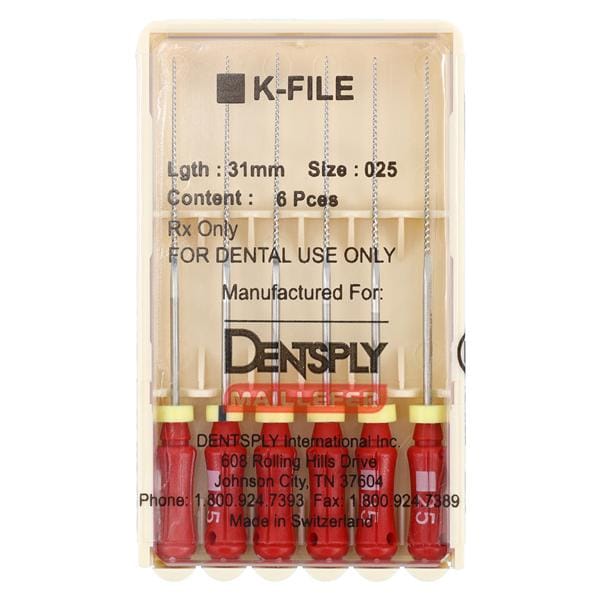 Hand K-File 31 mm Size 25 Stainless Steel Red 6/Pk
