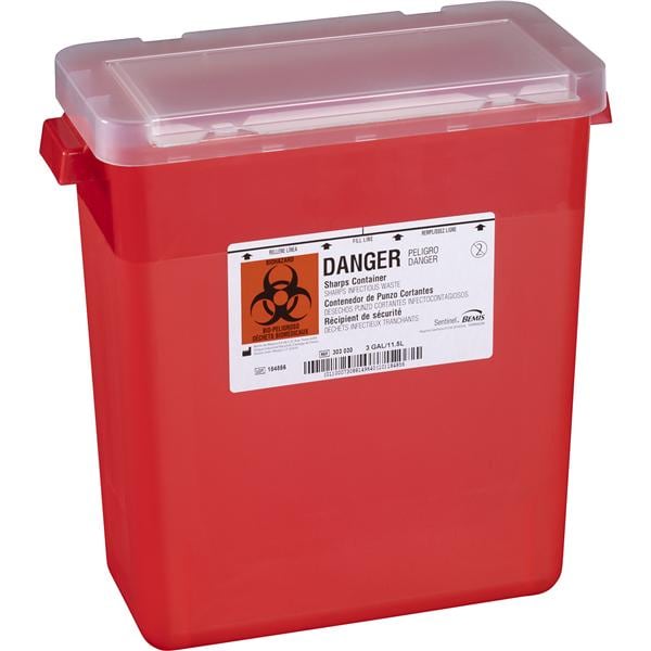 Sentinel Sharps Container 3gal Translucent Red 13-7/8x6-7/8x13-1/2" Plstc 12/Ca