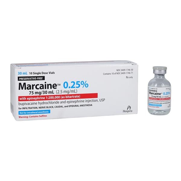 Marcaine w/Epinephrine Injection 0.25% 1:200,000 PF SDV 30mL 10/Bx