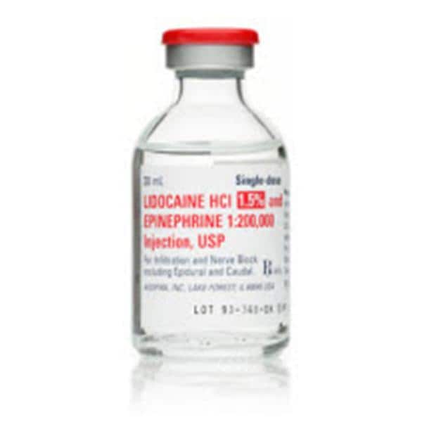 Lidocaine HCl Epinephrine Injection 1.5% 1:200,000 PF SDV 30mL 5/Bx