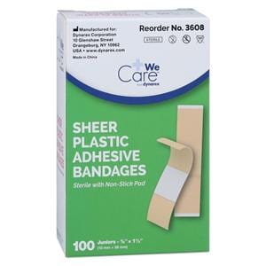 Adhesive Bandage Plastic .38x1.5" Sheer/Flesh Sterile 100/Bx