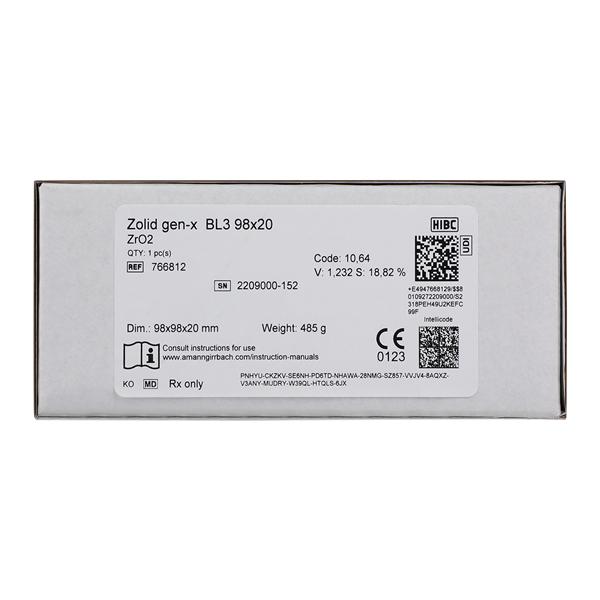 Zolid Gen-X Zirconia Disc BL3 98x20 Ea