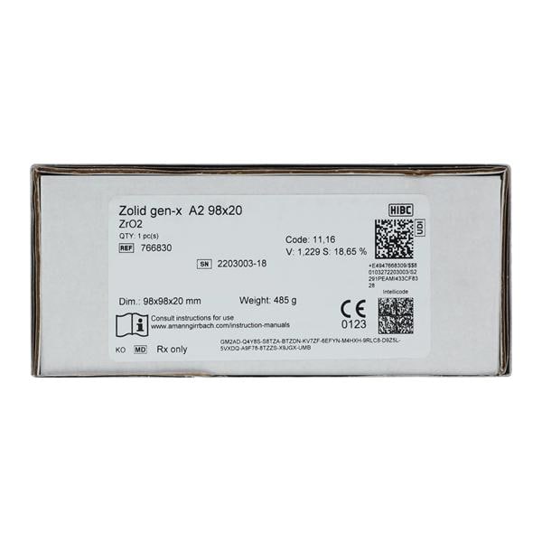 Zolid Gen-X Zirconia Disc A2 98x20 Ea