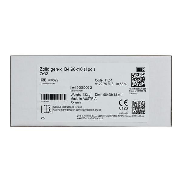 Zolid Gen-X Zirconia Disc B4 98x18 Ea