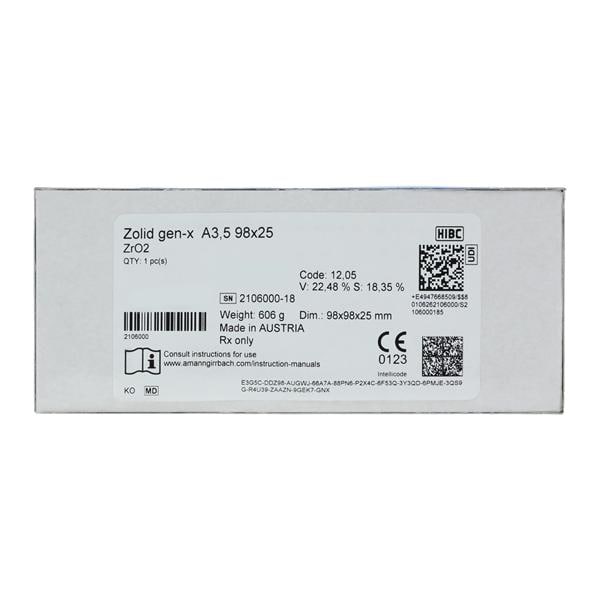 Zolid Gen-X Zirconia Disc A3.5 98x25 Ea