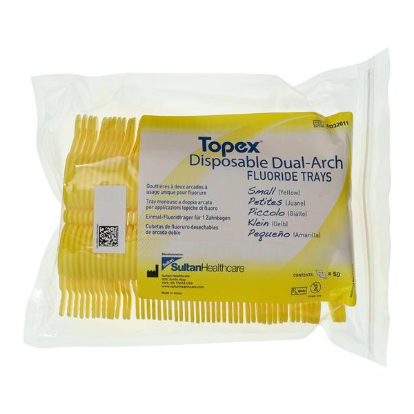 Topex Dual Arch Fluoride Trays Foam Small w/ Lckng Hdls Yellow Disposable 50/Pk