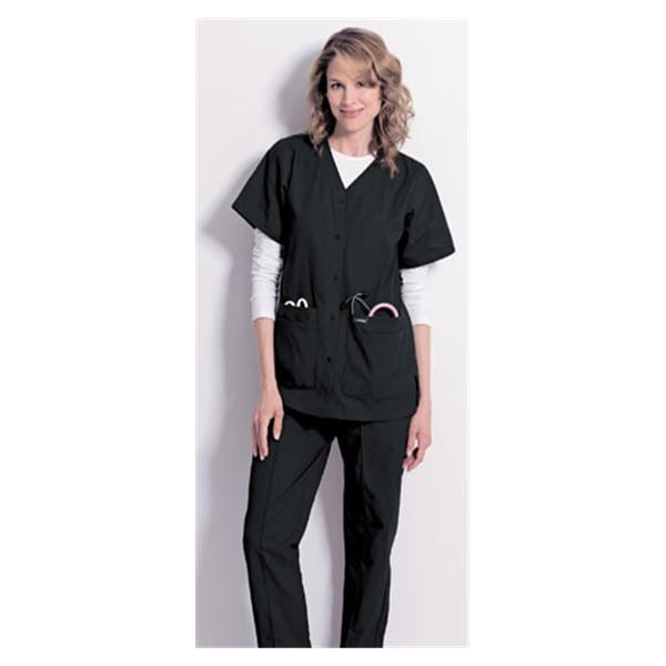 Scrub Shirt V-Neck 4 Pockets Short Sleeves Medium Black Womens Ea