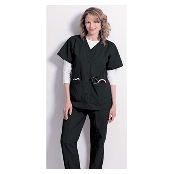 Scrub Shirt V-Neck 4 Pockets Short Sleeves X-Small Black Womens Ea