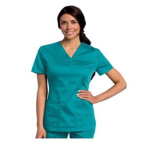 Scrub Shirt V-Neck 4 Pockets Short Sleeves Large Teal Womens Ea