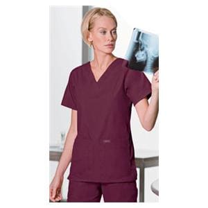 Scrub Shirt V-Neck 4 Pockets Short Sleeves 2X Large Wine Womens Ea