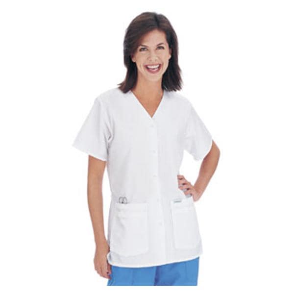 Scrub Shirt V-Neck 4 Pockets Short Sleeves Medium White Womens Ea