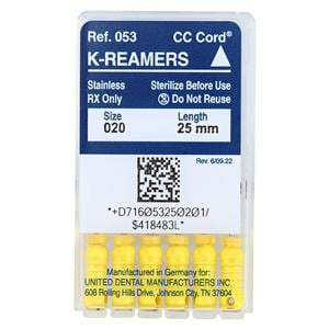 Hand K-Reamer 25 mm Size 20 Stainless Steel Yellow 6/Bx