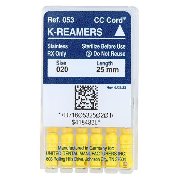 Hand K-Reamer 25 mm Size 20 Stainless Steel Yellow 6/Bx