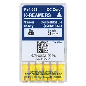 Hand K-Reamer 21 mm Size 20 Stainless Steel Yellow 6/Bx