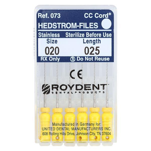 Zipperer Hand Hedstrom Files 25 mm Size 20 Stainless Steel Yellow 6/Bx