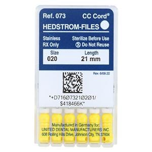 Zipperer Hand Hedstrom Files 21 mm Size 20 Stainless Steel Yellow 6/Bx